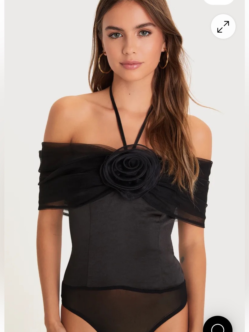 Lulu's size M rosette Black tulle Off-Shoulder Rose Detail Bodysuit